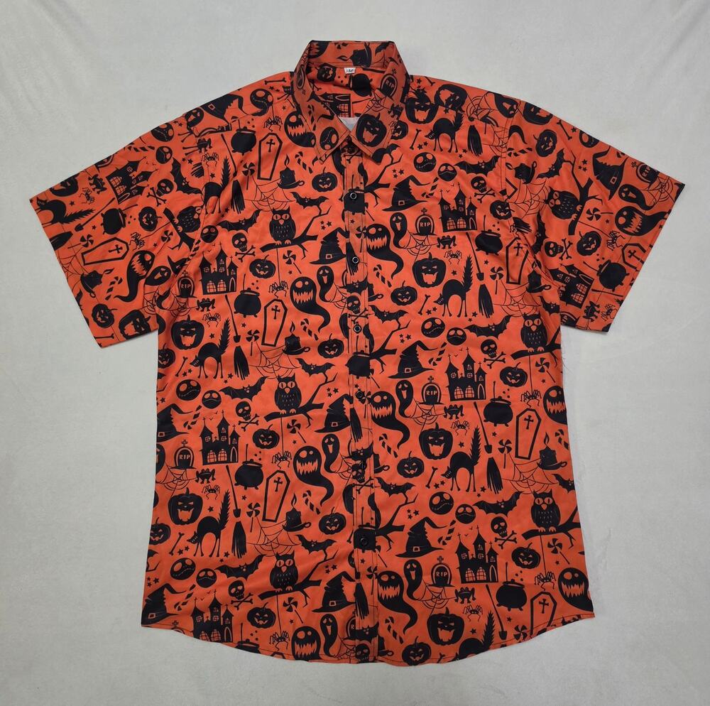 Mens Halloween Button Up Shirt Medium Orange Spooky Ghosts Pumpkin Short Sleeve